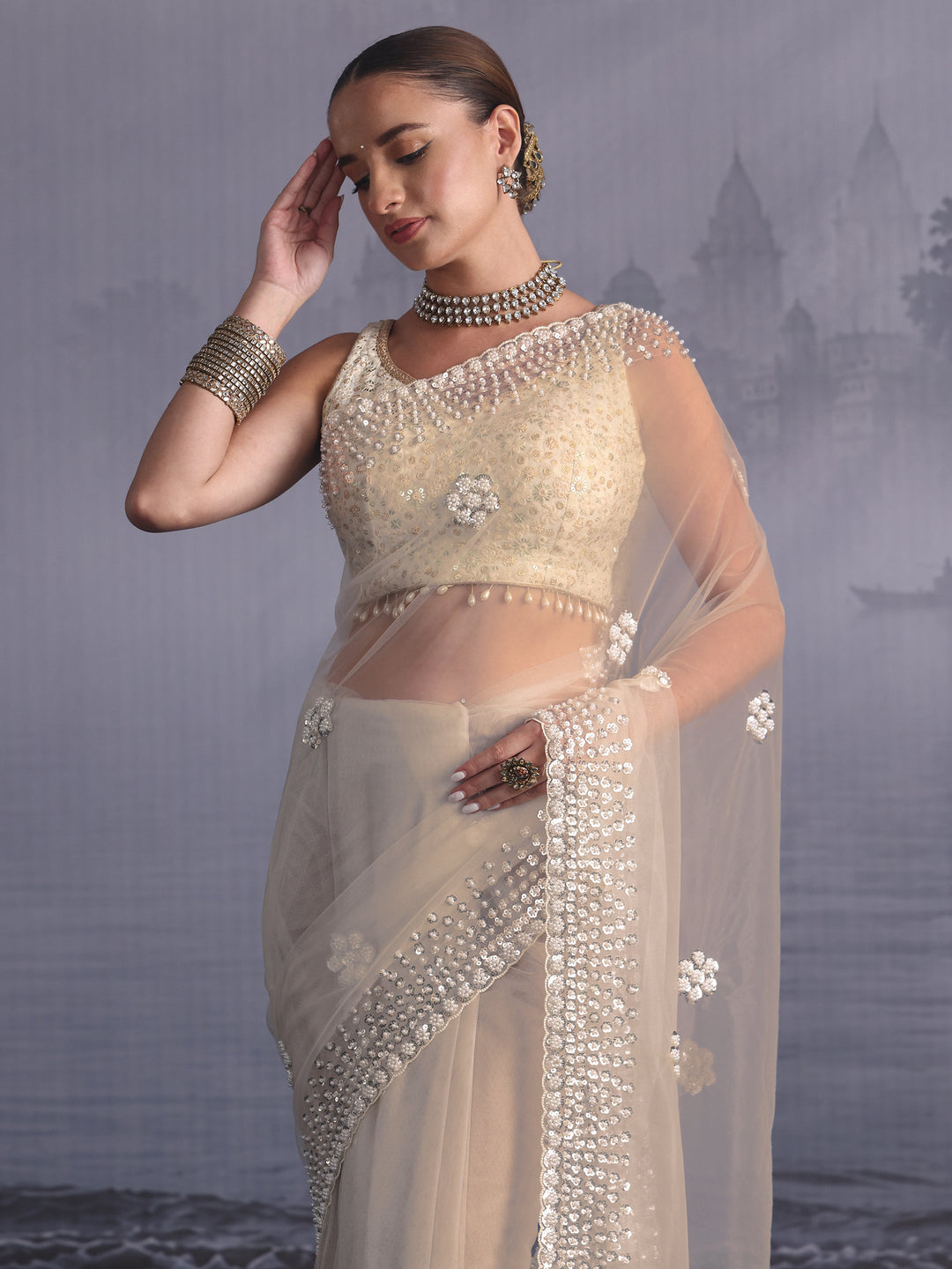 Libas Art Cream Floral Sequin Embellished Net Saree