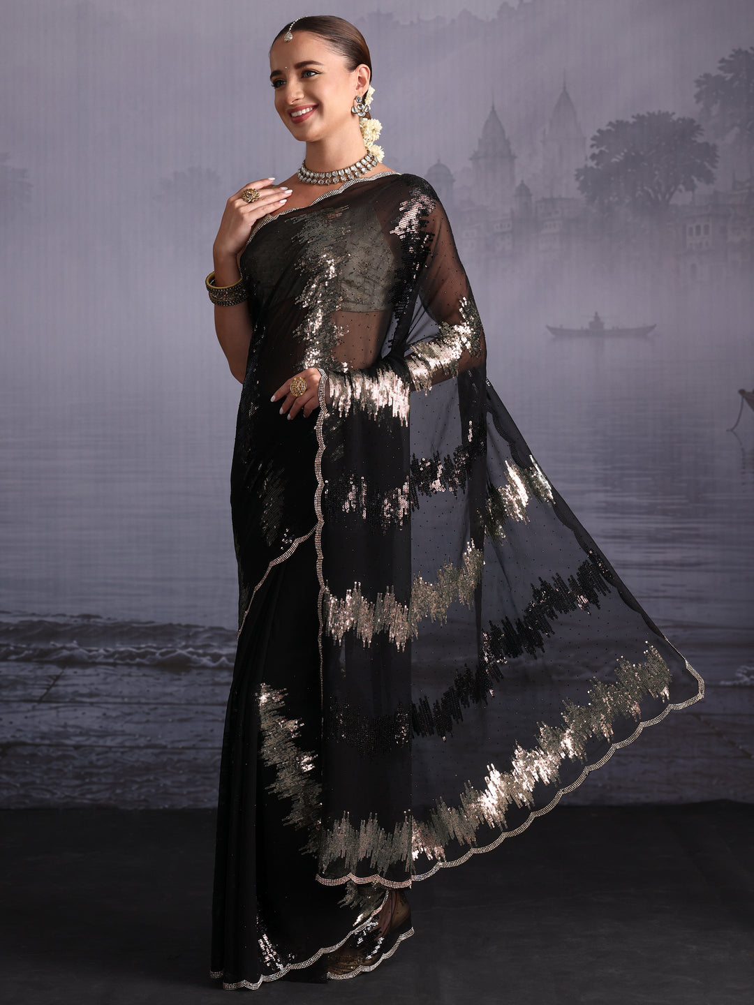 Libas Black Sequin and Stone Work Embellished Georgette Saree