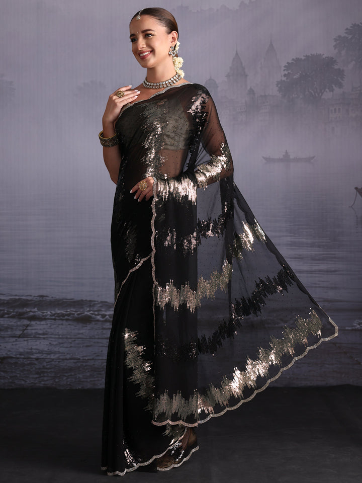 Libas Black Sequin and Stone Work Embellished Georgette Saree