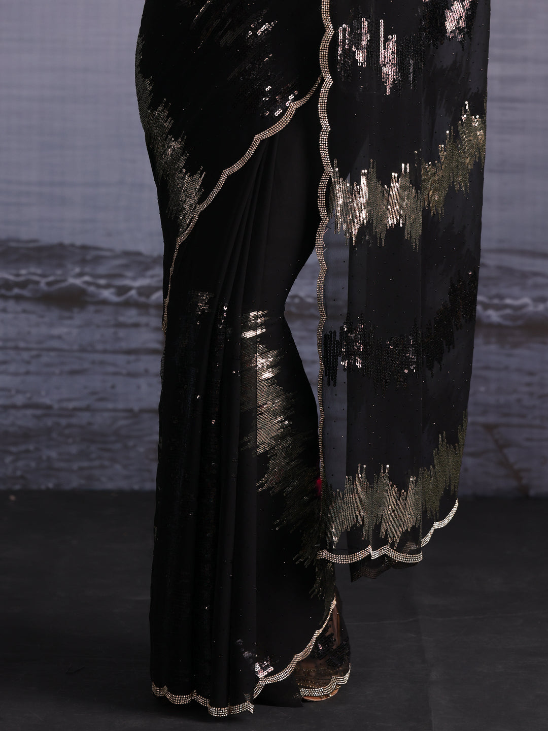 Libas Black Sequin and Stone Work Embellished Georgette Saree