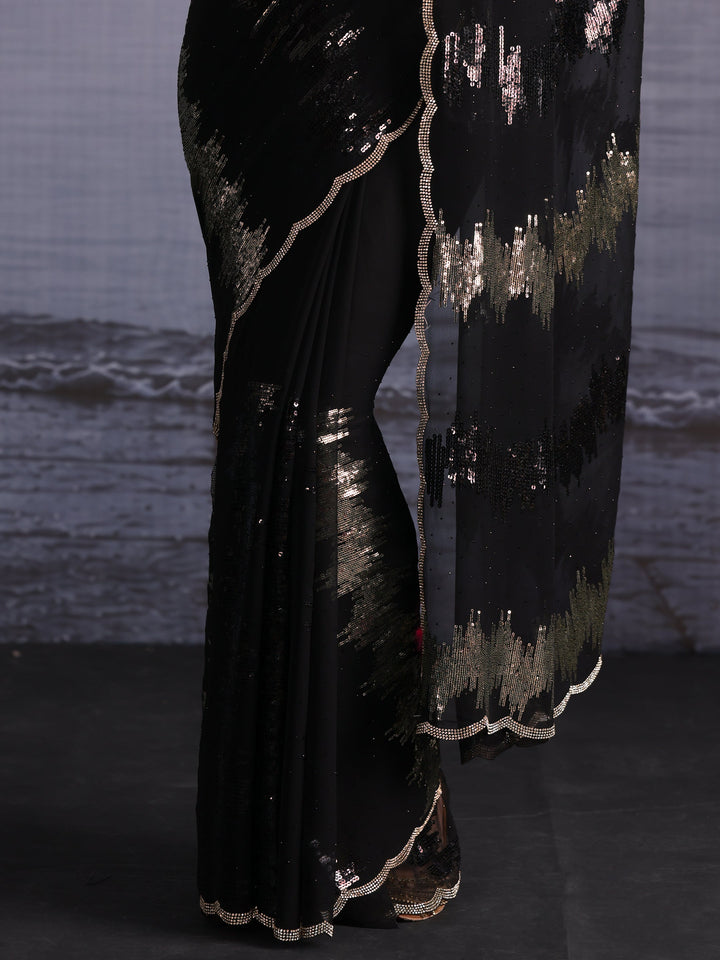 Libas Black Sequin and Stone Work Embellished Georgette Saree