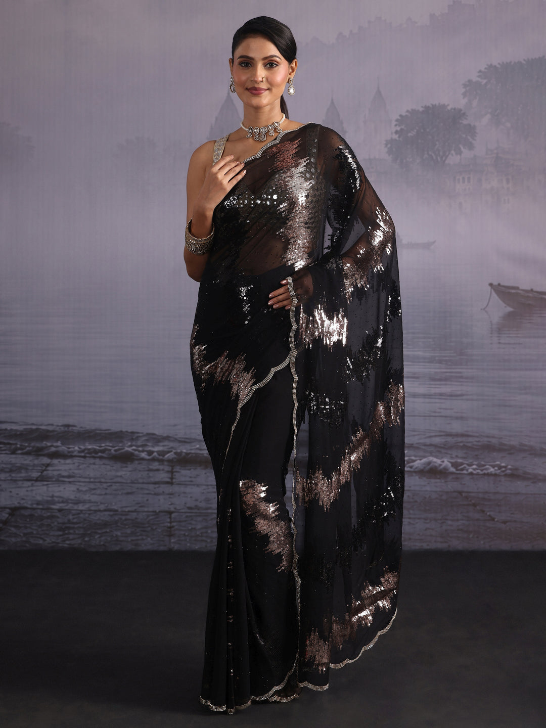Libas Black Sequin Embellished Georgette Saree with Scalloped Border