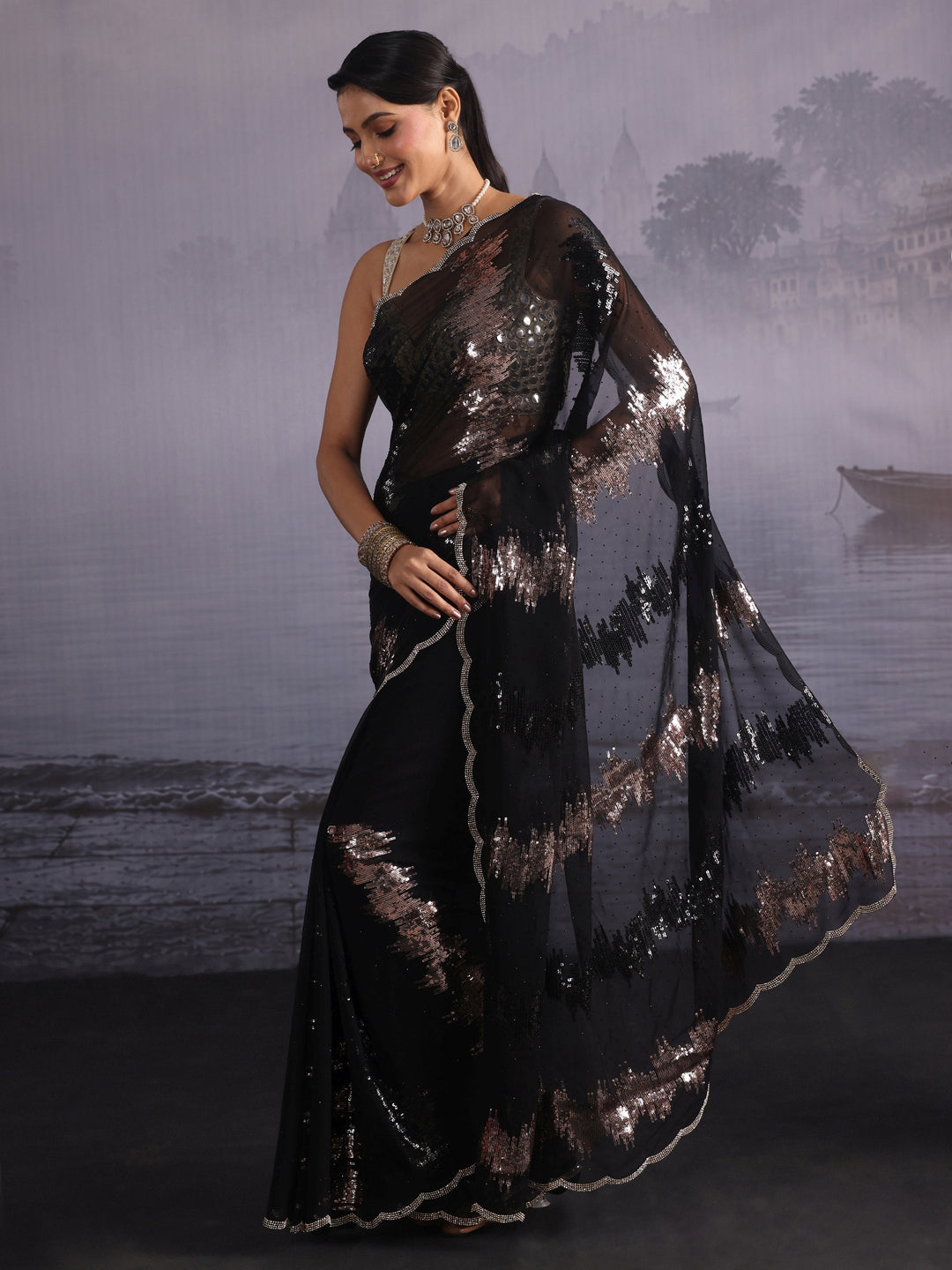 Libas Black Sequin Embellished Georgette Saree with Scalloped Border