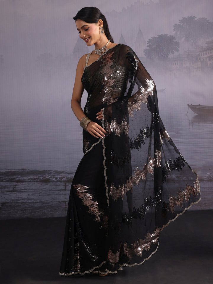 Libas Black Sequin Embellished Georgette Saree with Scalloped Border