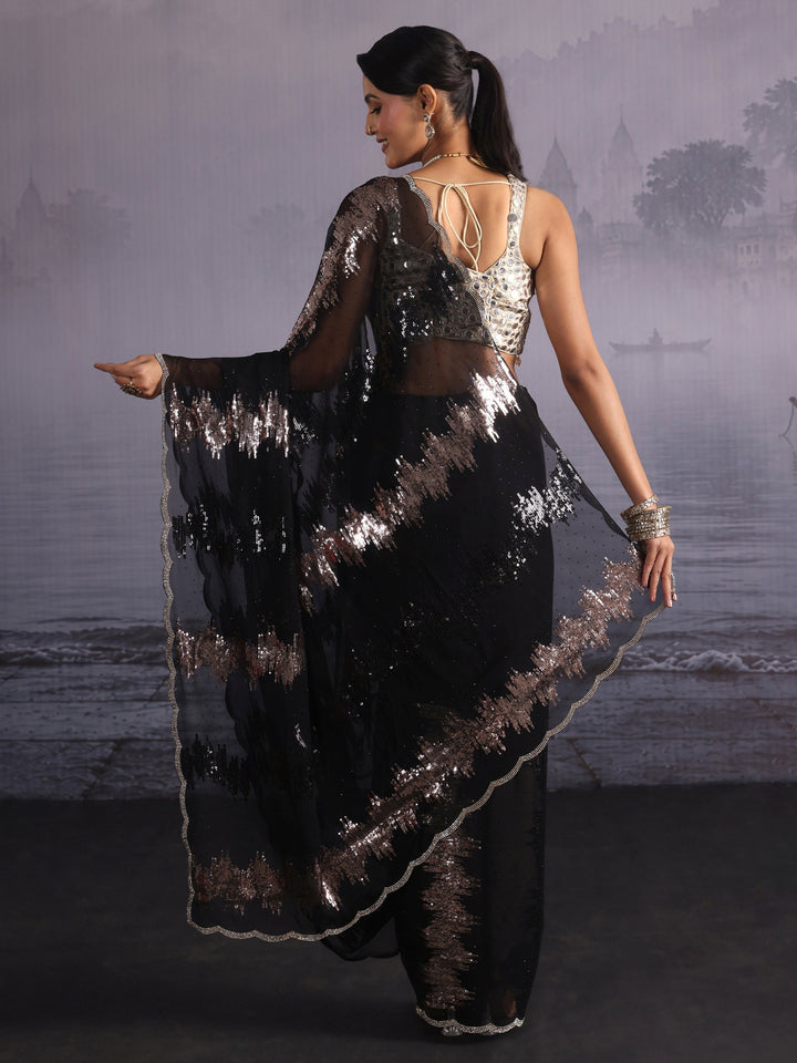 Libas Black Sequin Embellished Georgette Saree with Scalloped Border