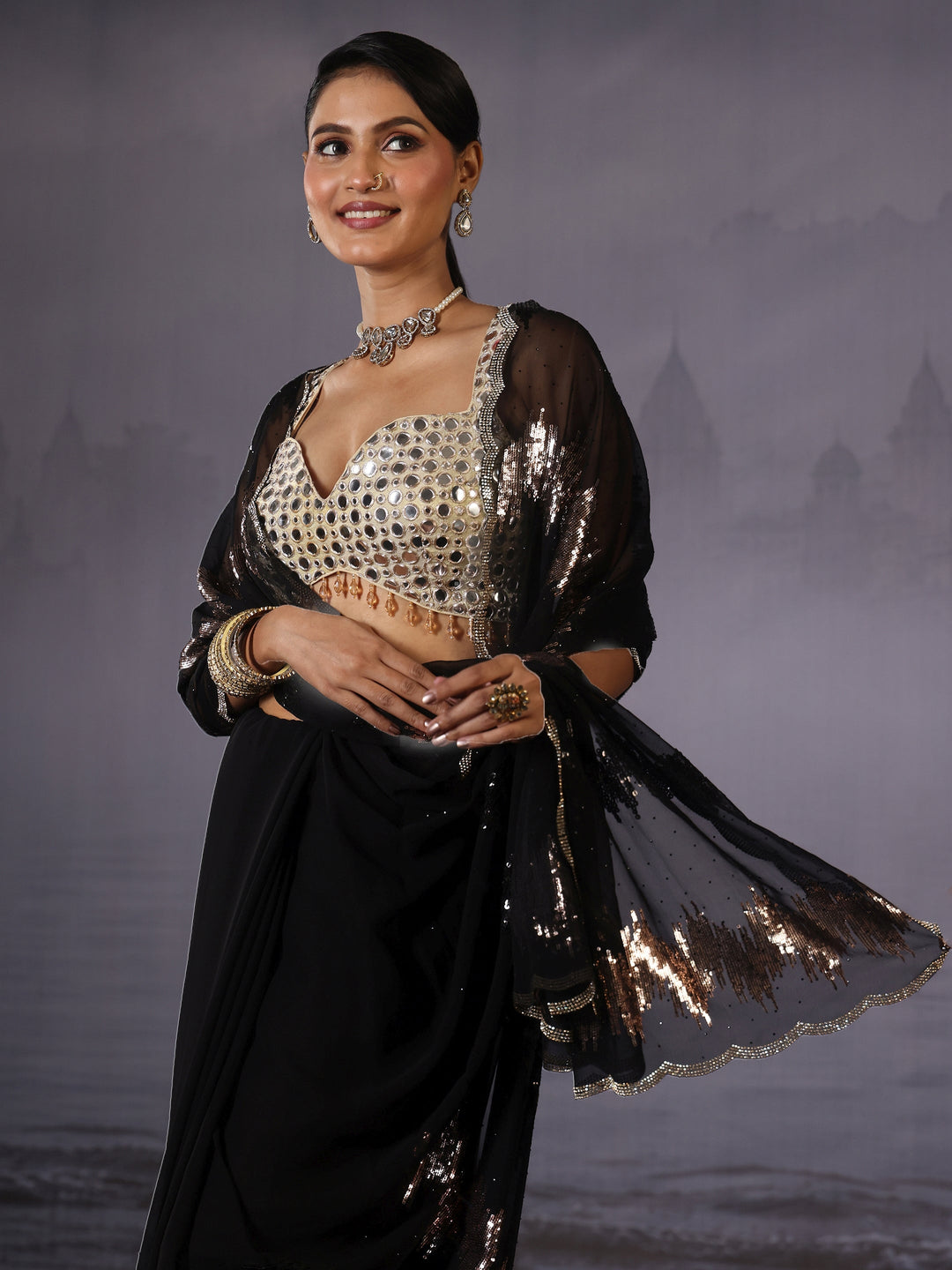 Libas Black Sequin Embellished Georgette Saree with Scalloped Border