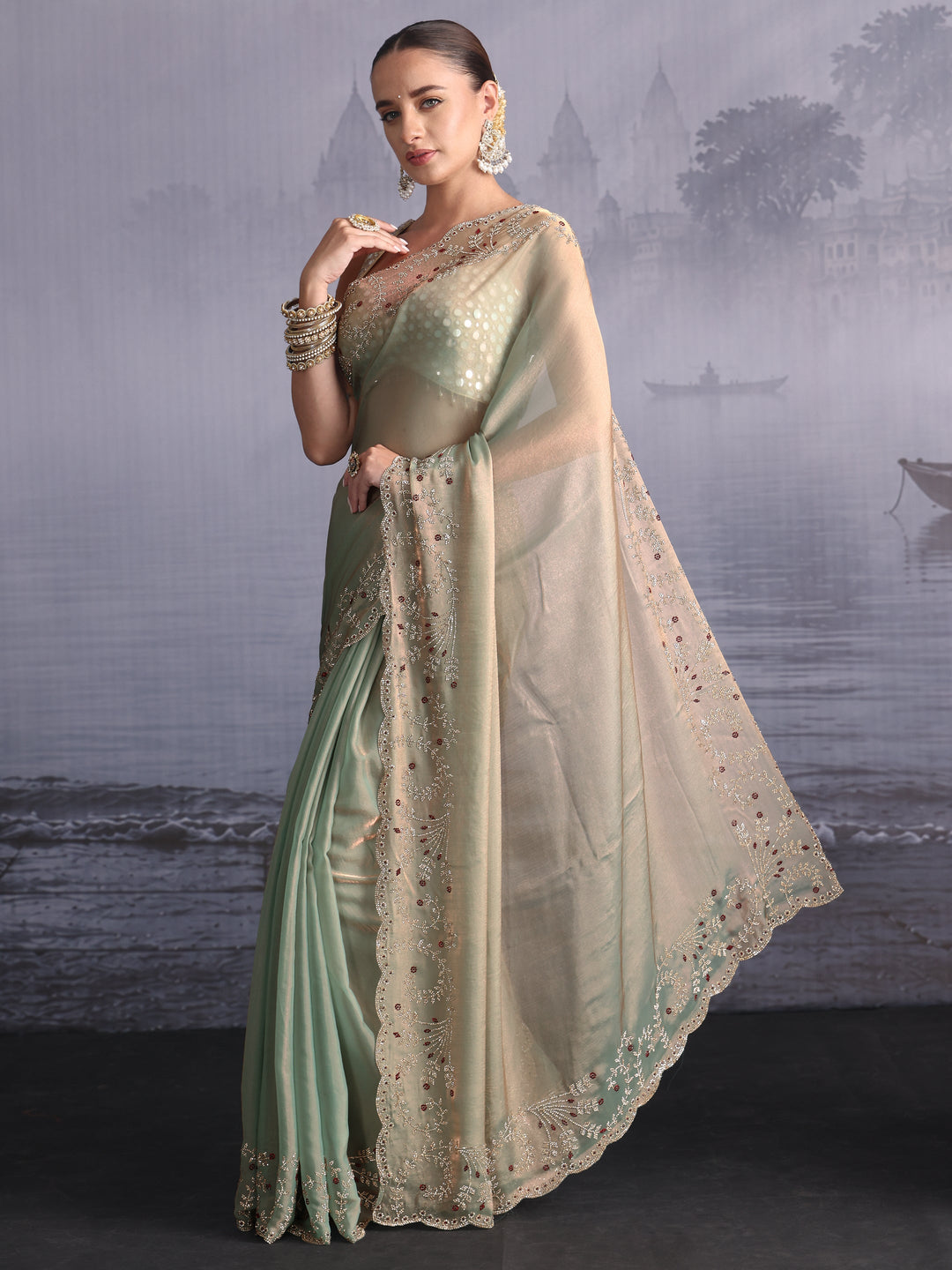 Libas Art Mint Green Tissue Saree with Embellished Scalloped Border