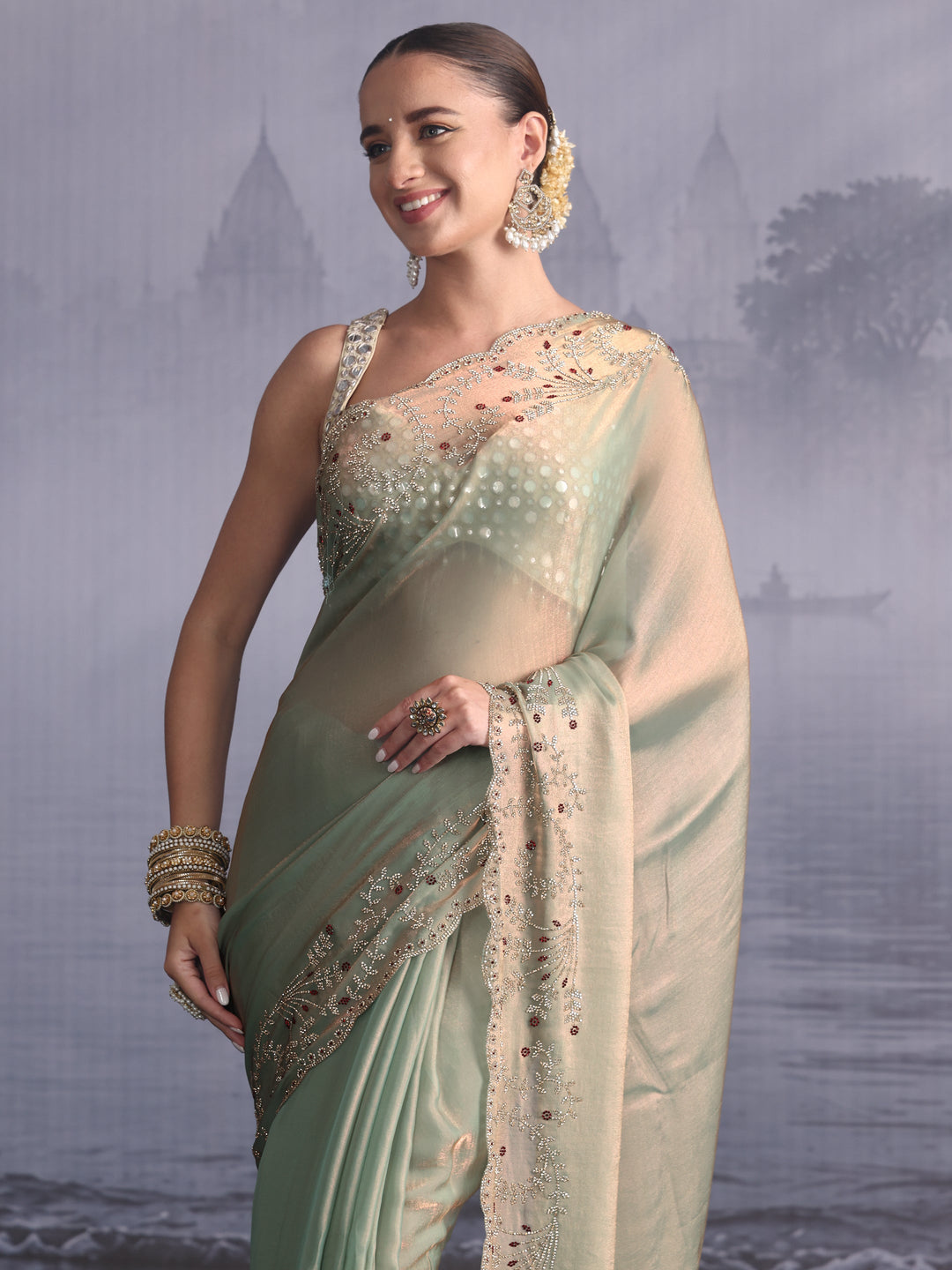 Libas Art Mint Green Tissue Saree with Embellished Scalloped Border