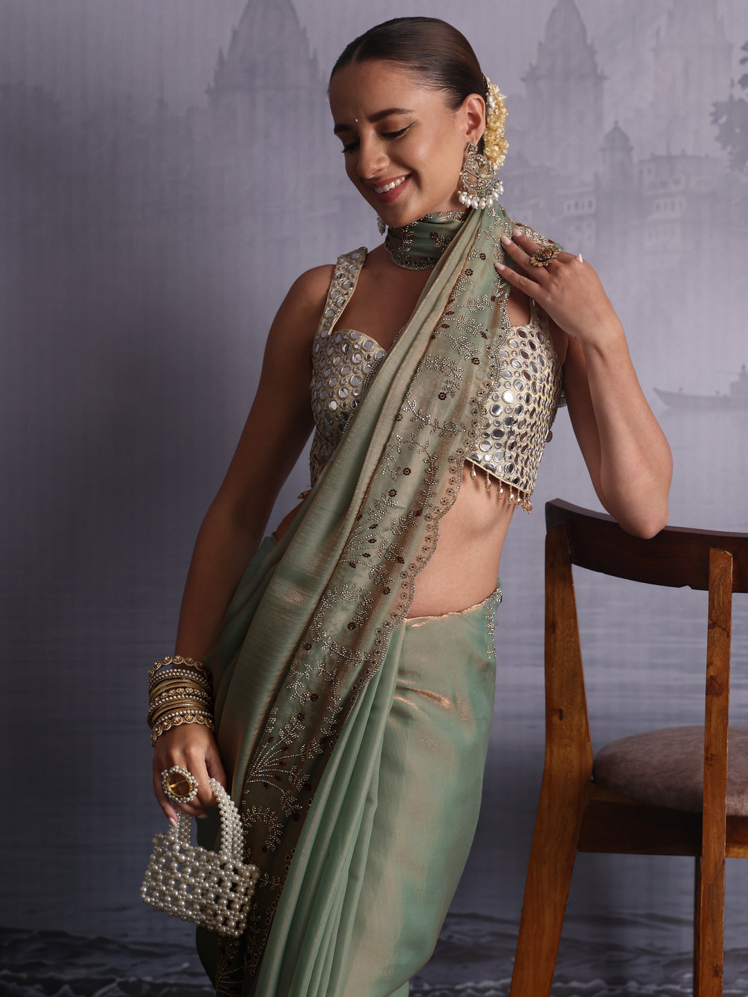 Libas Art Mint Green Tissue Saree with Embellished Scalloped Border