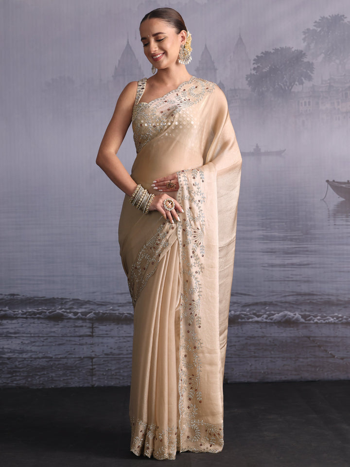 Libas Art Beige Tissue Saree with Embellished Scalloped Border