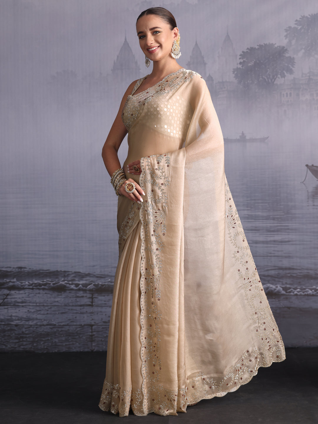 Libas Art Beige Tissue Saree with Embellished Scalloped Border