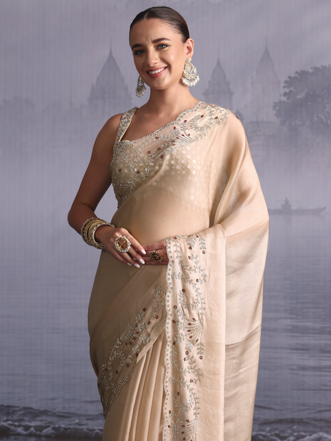 Libas Art Beige Tissue Saree with Embellished Scalloped Border