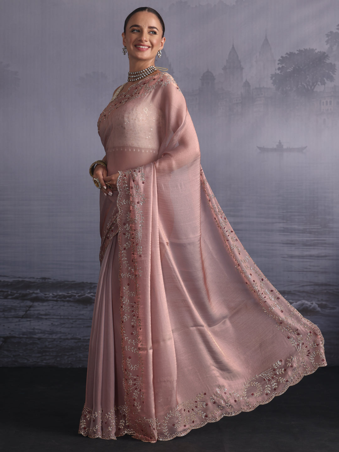 Libas Art Lavender Tissue Saree with Embellished Scalloped Border