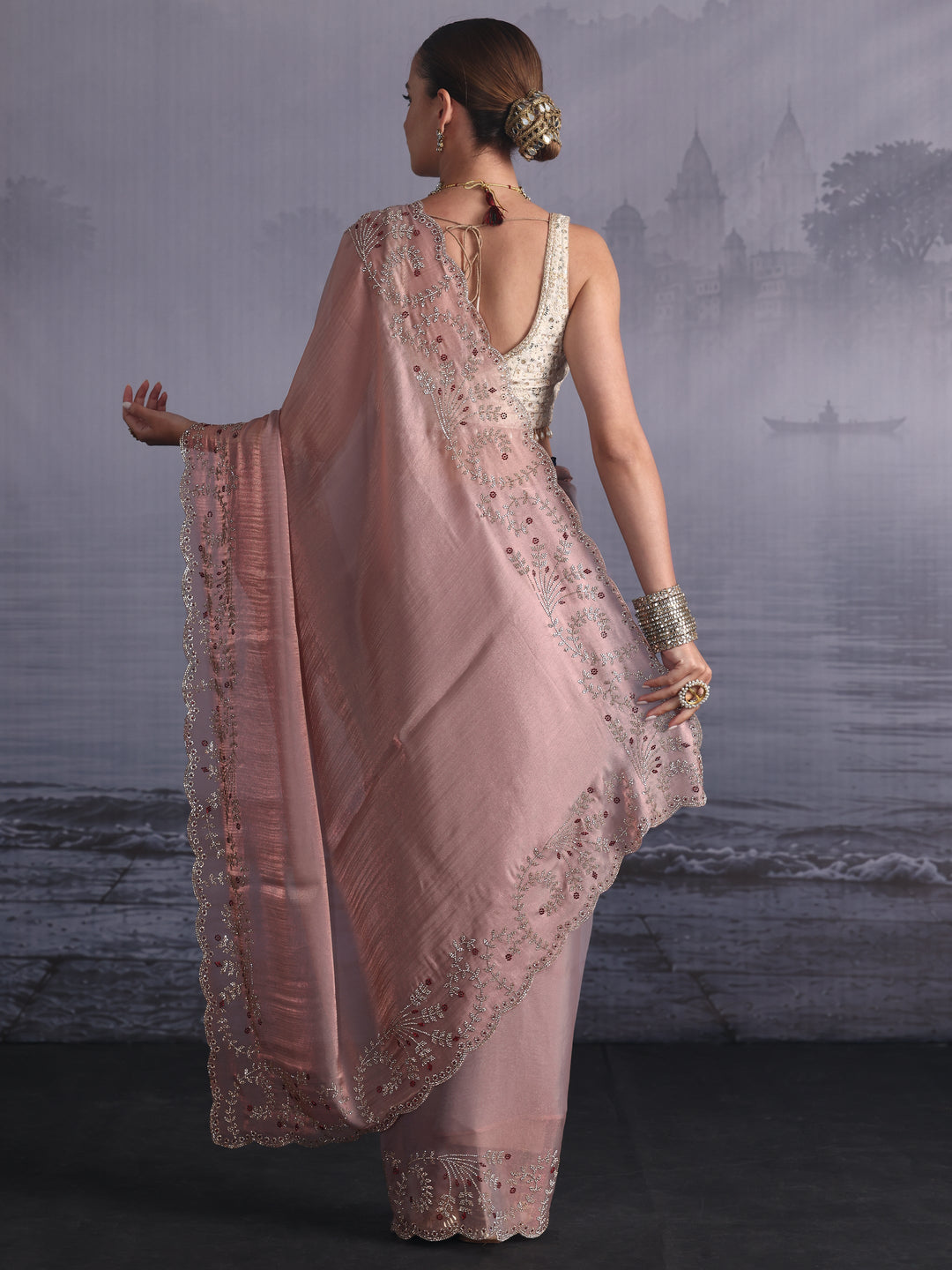 Libas Art Lavender Tissue Saree with Embellished Scalloped Border