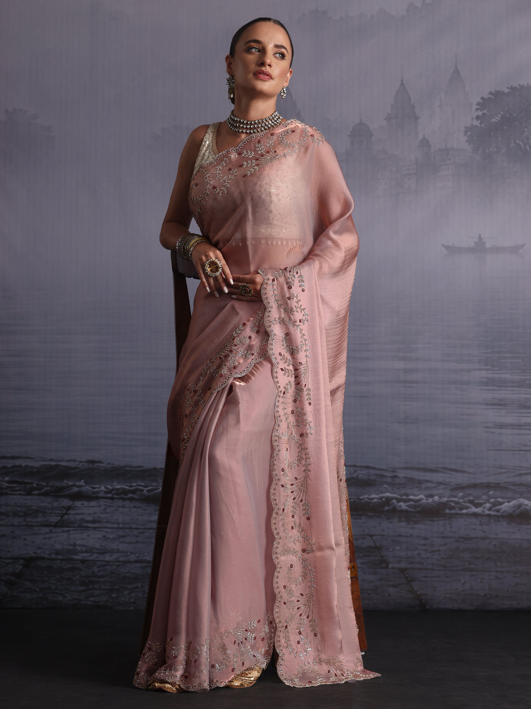 Libas Art Lavender Tissue Saree with Embellished Scalloped Border