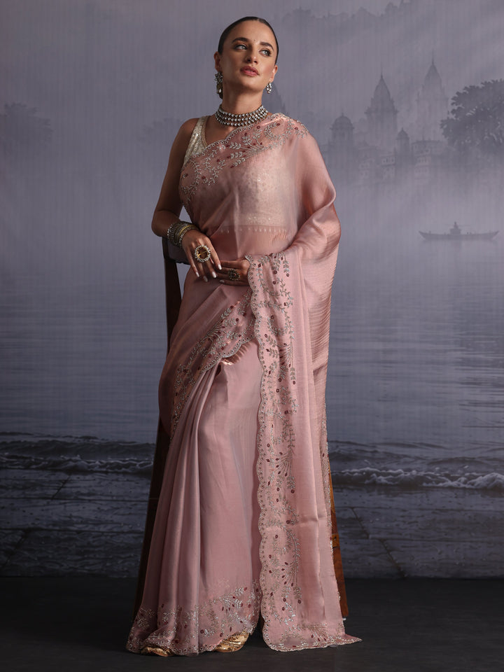 Libas Art Lavender Tissue Saree with Embellished Scalloped Border