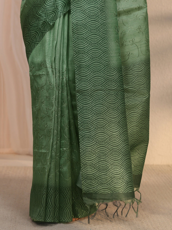 Libas Green Embroidered Silk Blend Saree with Printed Border