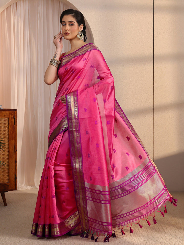 Libas Pink Ethnic Woven Design Silk Blend Tassel Saree