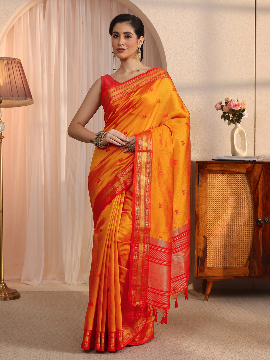 Libas Orange Ethnic Woven Design Silk Blend Tassel Saree