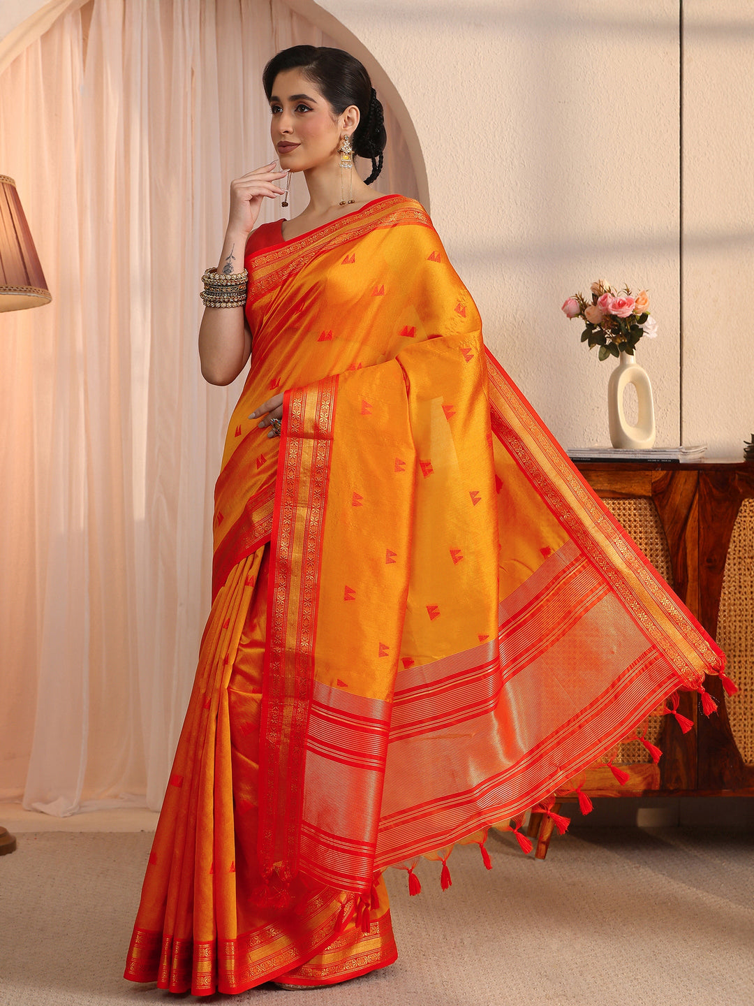 Libas Orange Ethnic Woven Design Silk Blend Tassel Saree