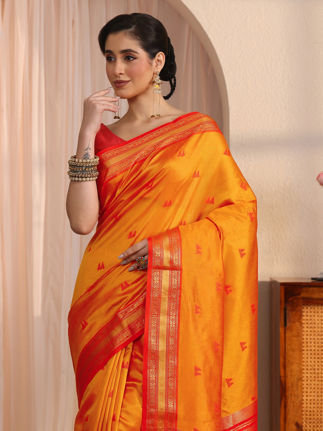 Libas Orange Ethnic Woven Design Silk Blend Tassel Saree