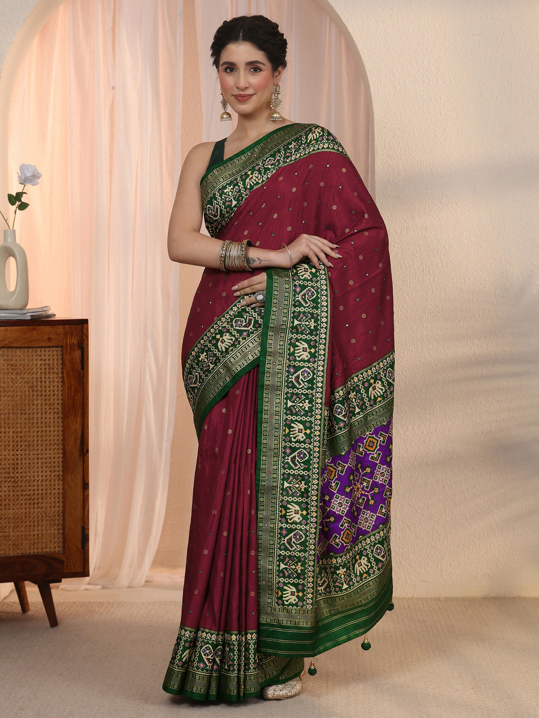 Libas Maroon Mirror Work Silk Blend Saree with Patola Border
