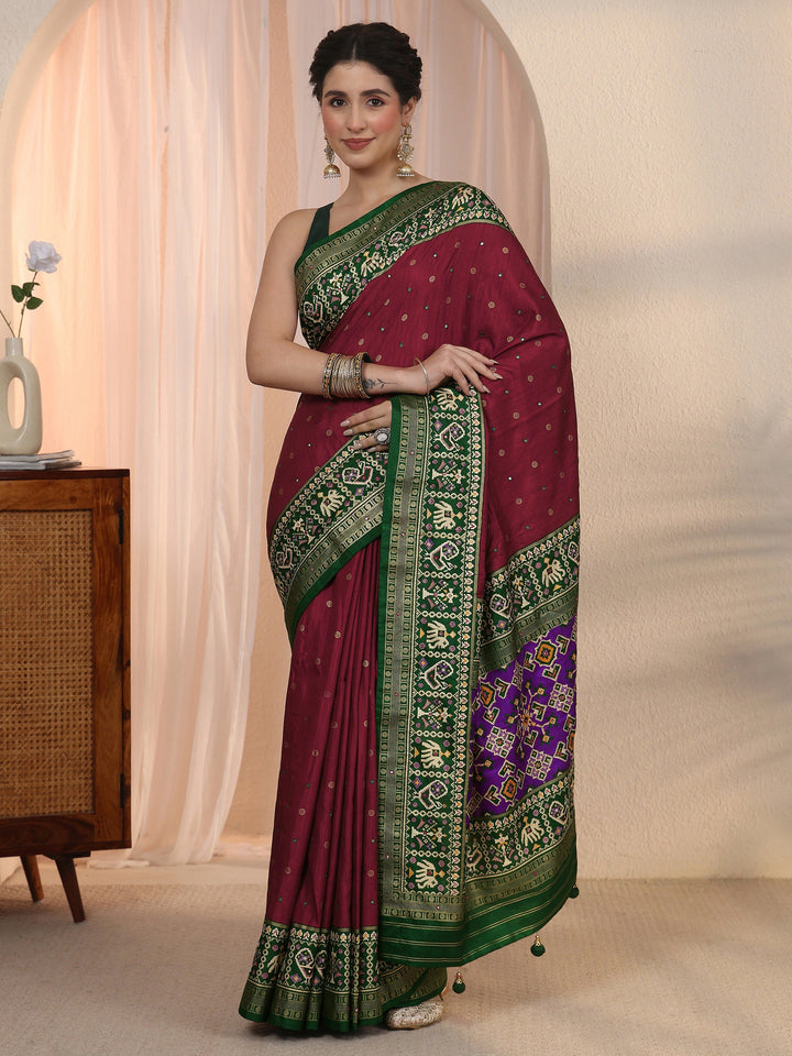 Libas Maroon Mirror Work Silk Blend Saree with Patola Border