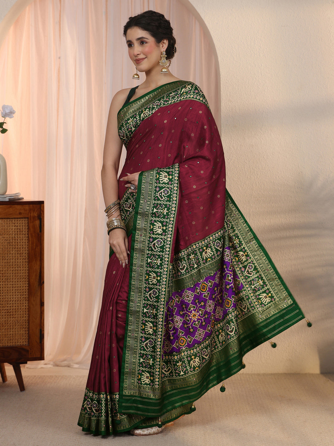 Libas Maroon Mirror Work Silk Blend Saree with Patola Border