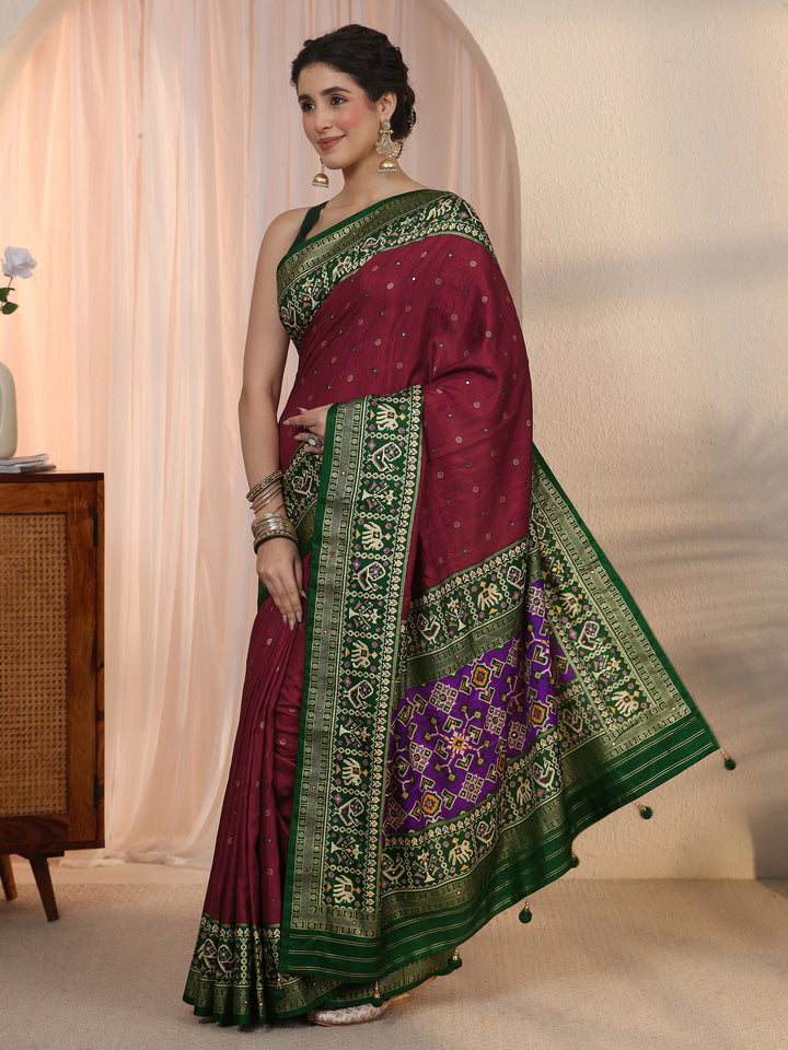 Libas Maroon Mirror Work Silk Blend Saree with Patola Border