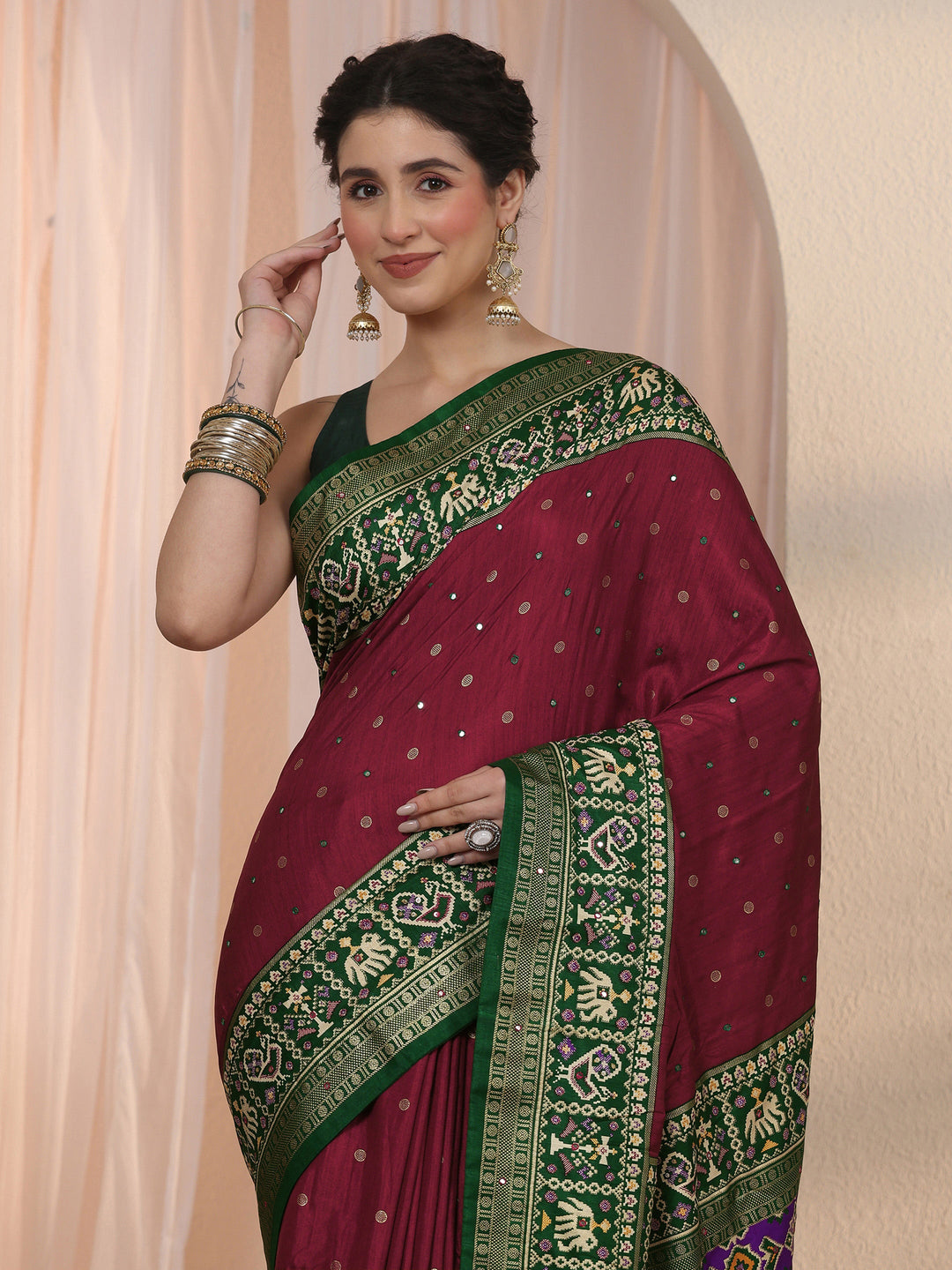 Libas Maroon Mirror Work Silk Blend Saree with Patola Border