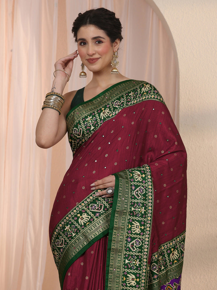 Libas Maroon Mirror Work Silk Blend Saree with Patola Border
