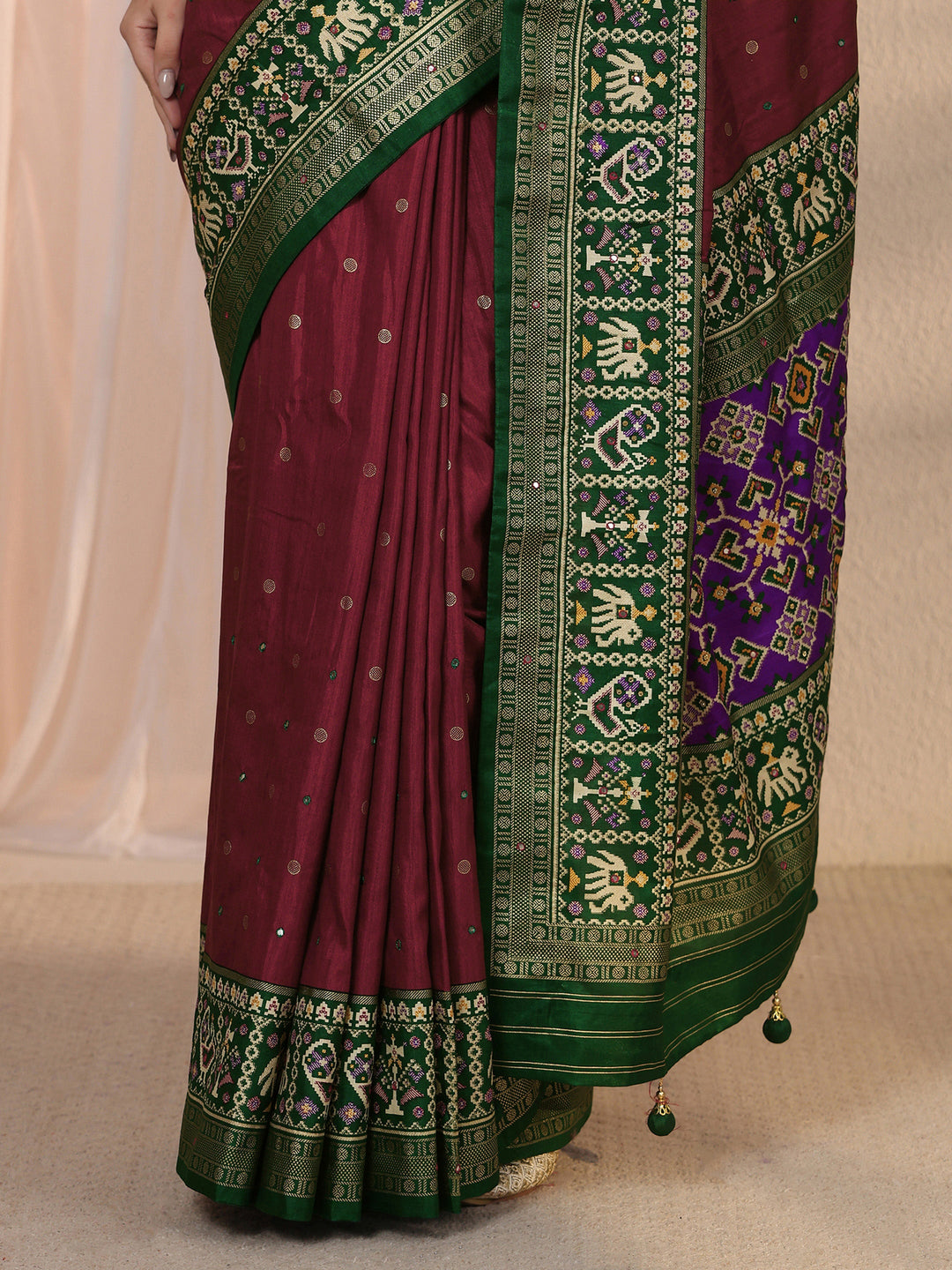 Libas Maroon Mirror Work Silk Blend Saree with Patola Border