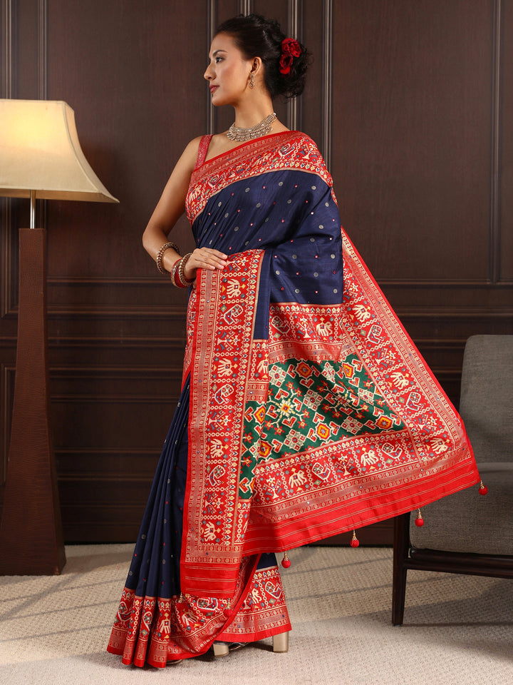 Libas Navy Blue Mirror Work Patola Pallu Silk Blend Saree