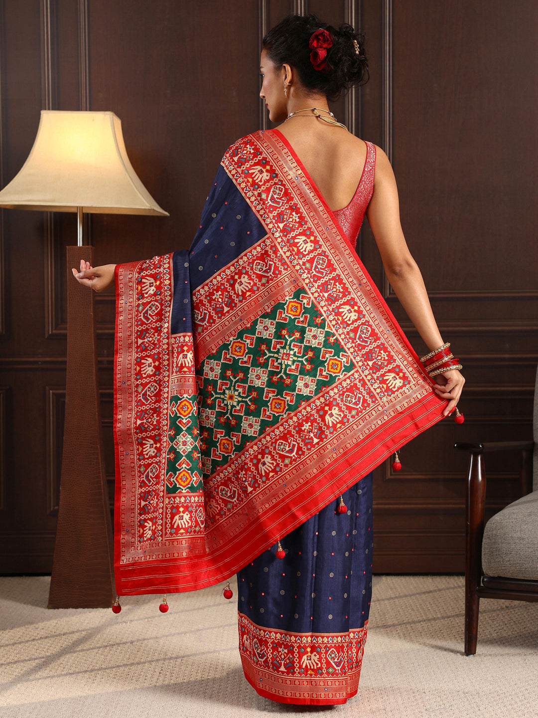 Libas Navy Blue Mirror Work Patola Pallu Silk Blend Saree