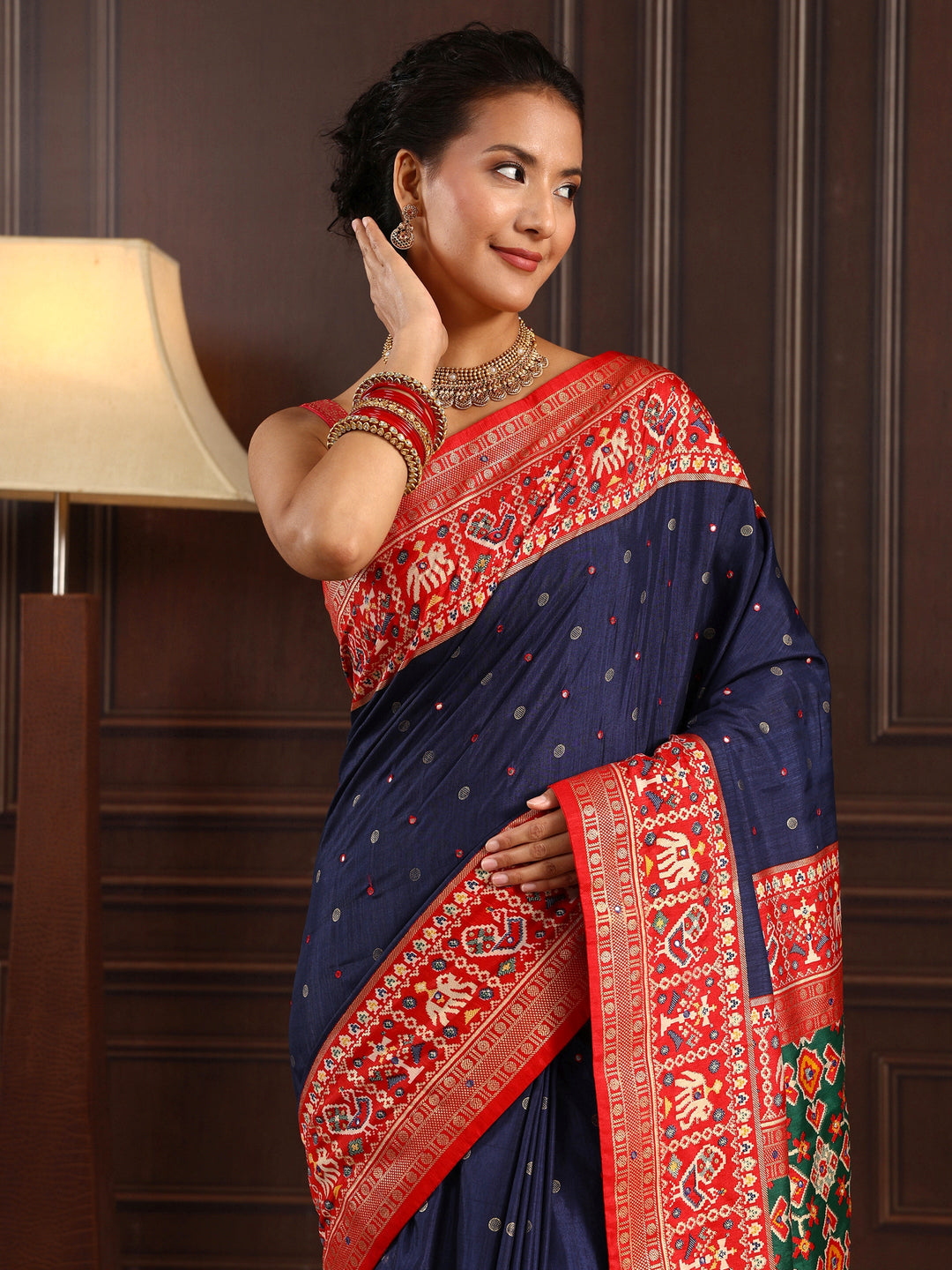 Libas Navy Blue Mirror Work Patola Pallu Silk Blend Saree