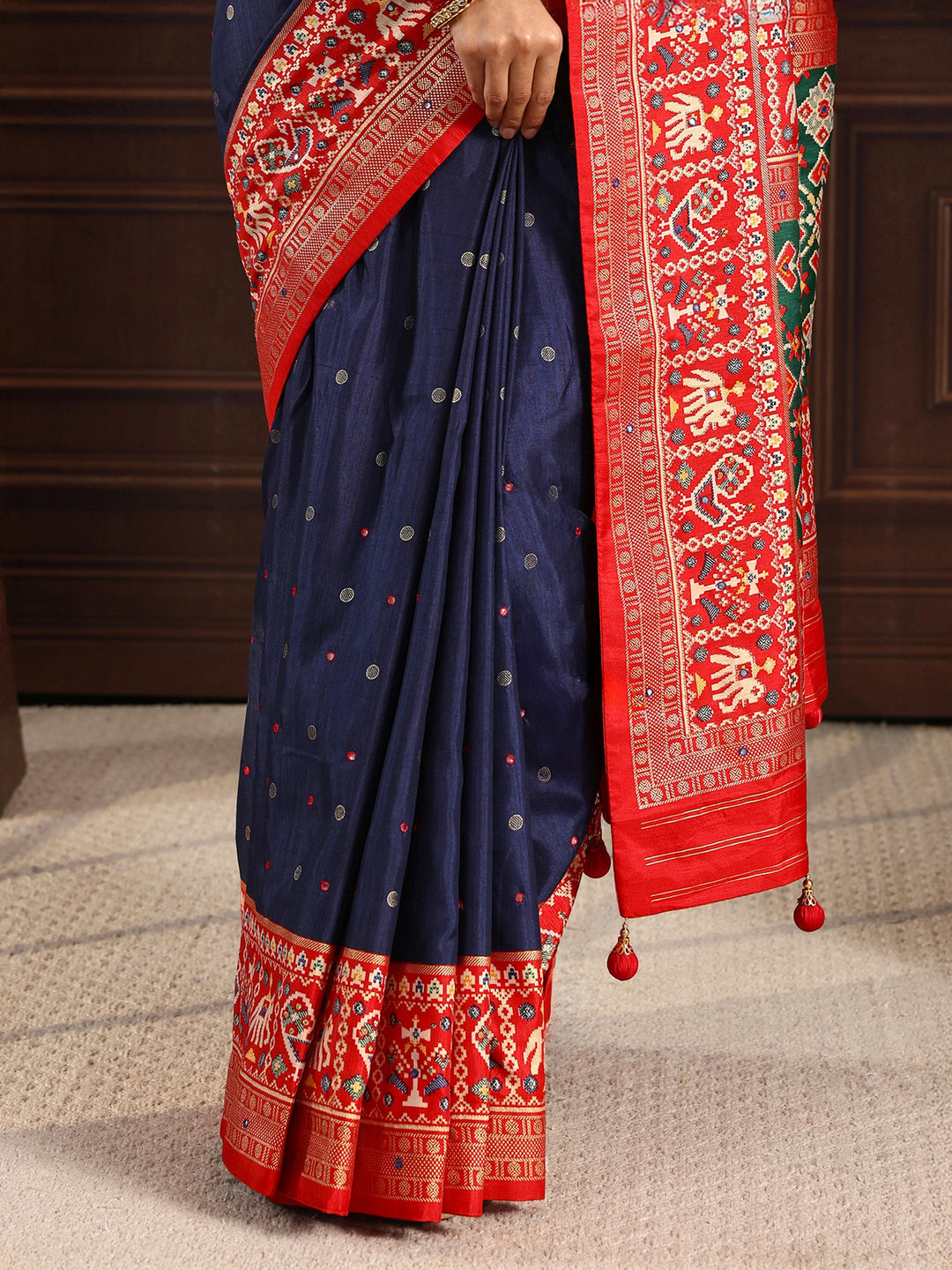 Libas Navy Blue Mirror Work Patola Pallu Silk Blend Saree