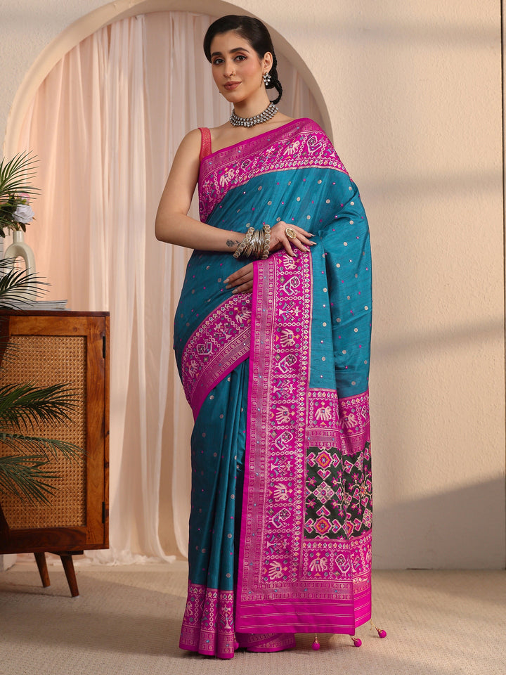 Libas Blue and Pink Patola Style Silk Blend Saree