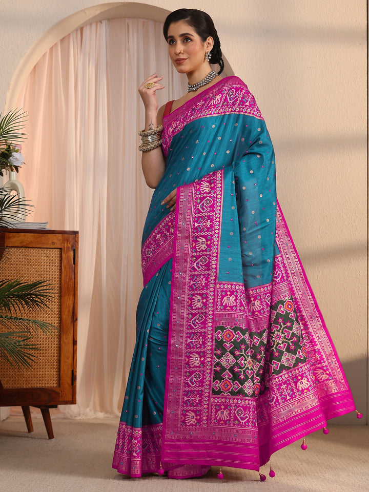Libas Blue and Pink Patola Style Silk Blend Saree