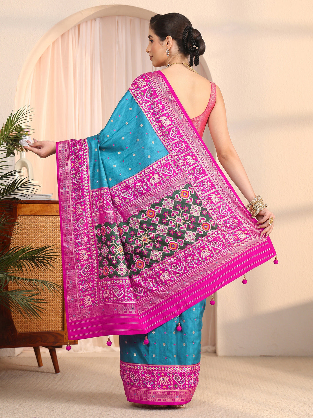 Libas Blue and Pink Patola Style Silk Blend Saree