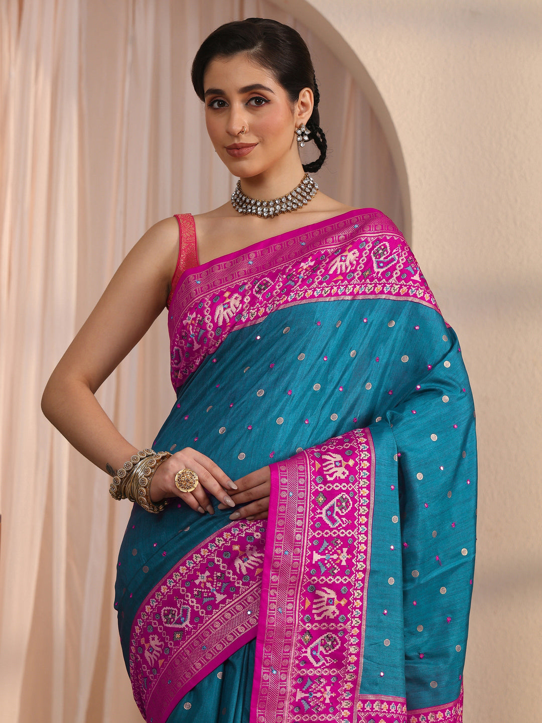 Libas Blue and Pink Patola Style Silk Blend Saree