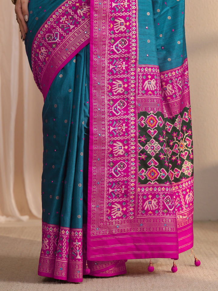 Libas Blue and Pink Patola Style Silk Blend Saree