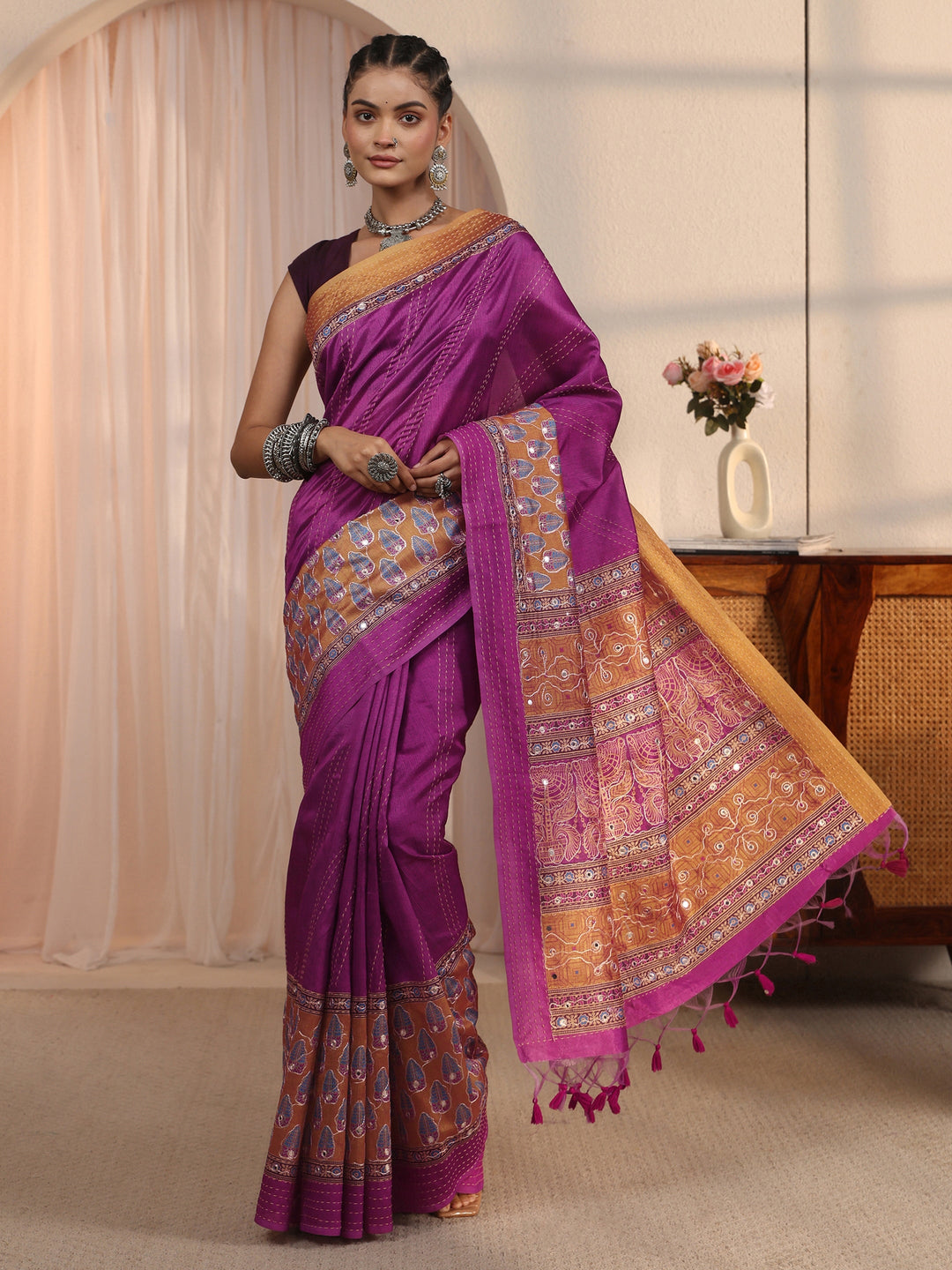 Libas Purple Printed Silk Blend Tassel Saree with Mirror Work