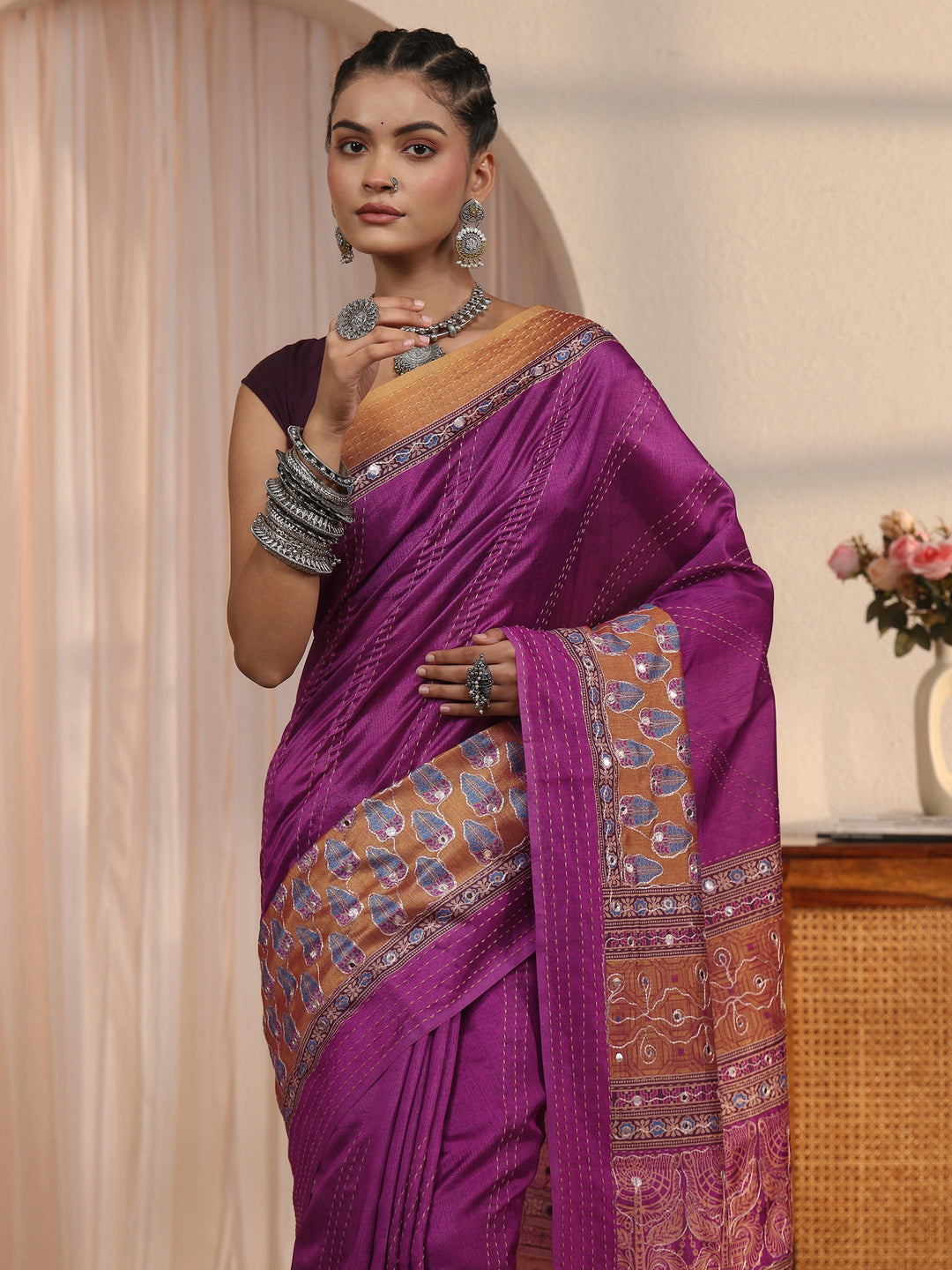 Libas Purple Printed Silk Blend Tassel Saree with Mirror Work