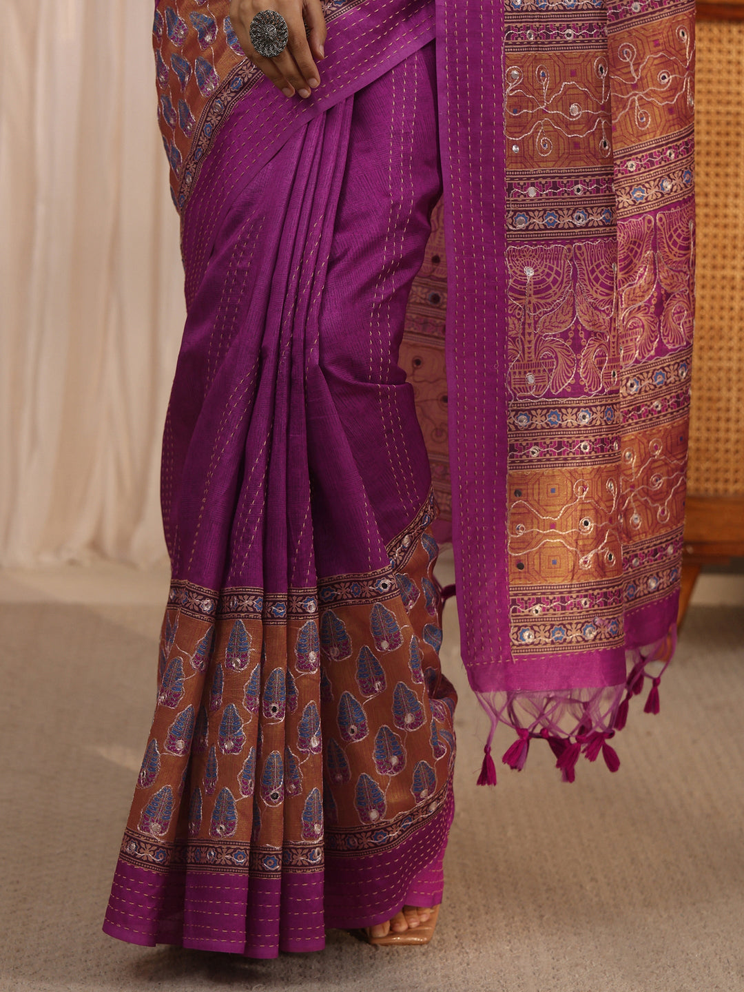 Libas Purple Printed Silk Blend Tassel Saree with Mirror Work