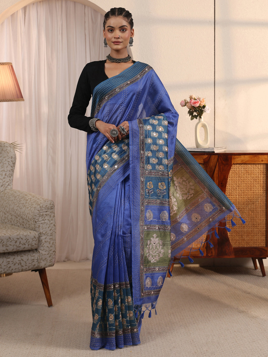 Libas Blue Printed Silk Blend Tassel Saree with Mirror Work