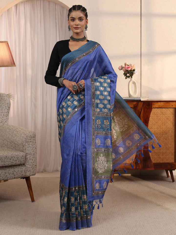 Libas Blue Printed Silk Blend Tassel Saree with Mirror Work