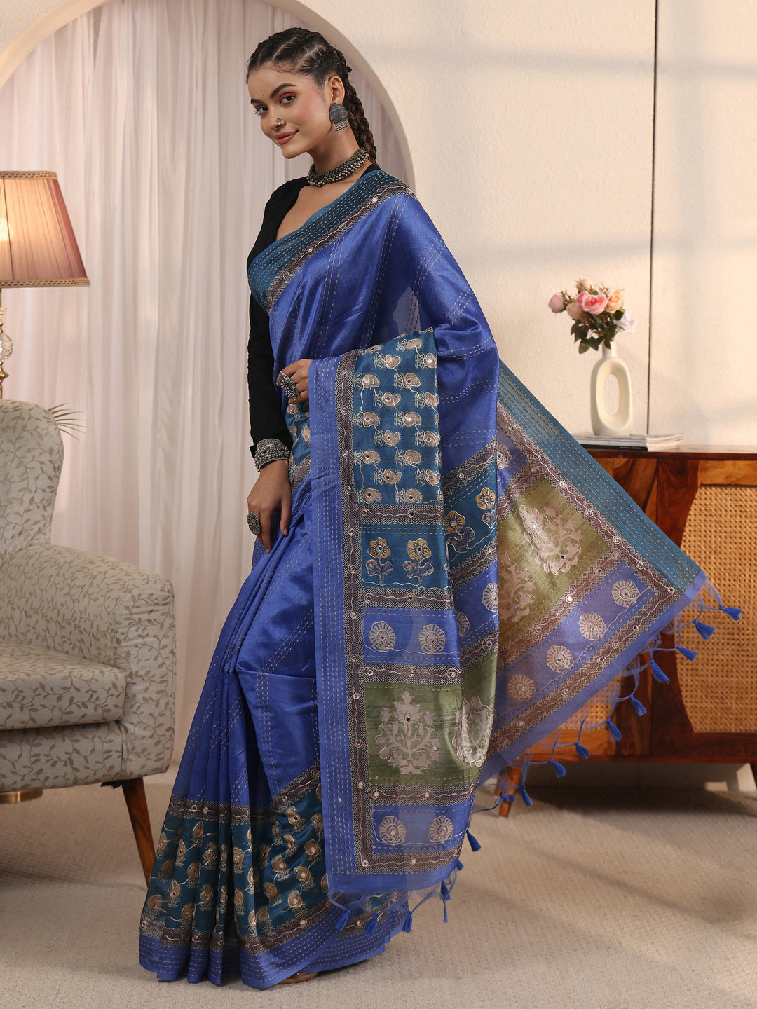 Libas Blue Printed Silk Blend Tassel Saree with Mirror Work