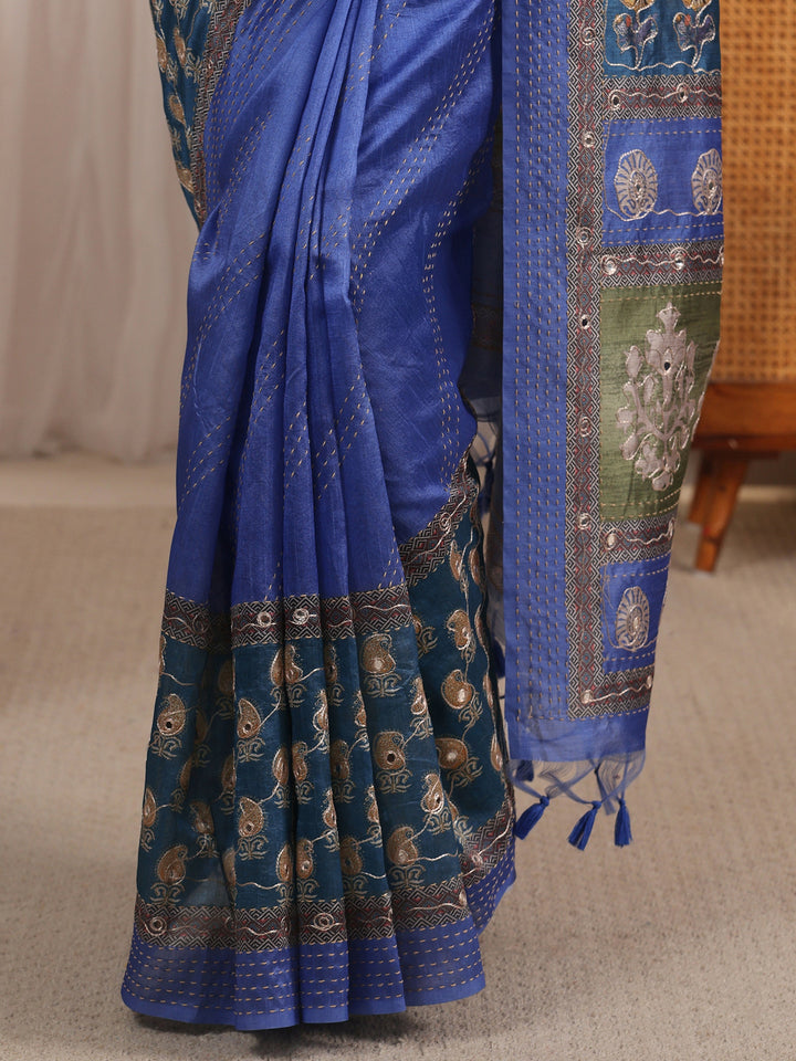 Libas Blue Printed Silk Blend Tassel Saree with Mirror Work