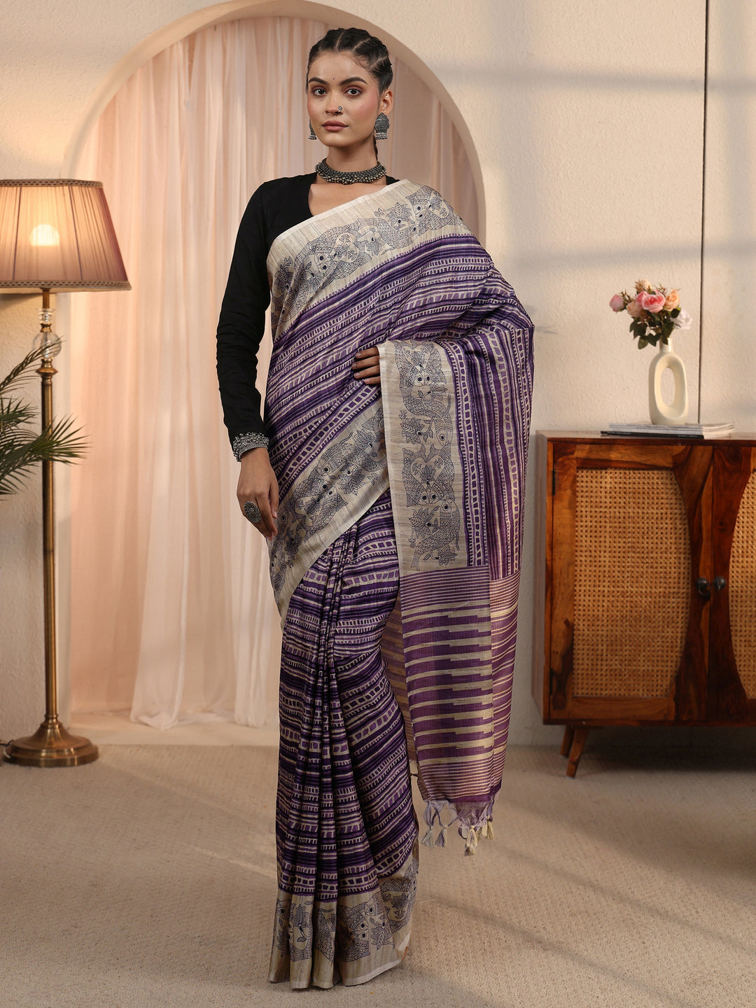 Libas Purple Striped Printed Silk Blend Tassel Saree with Madhubani Border