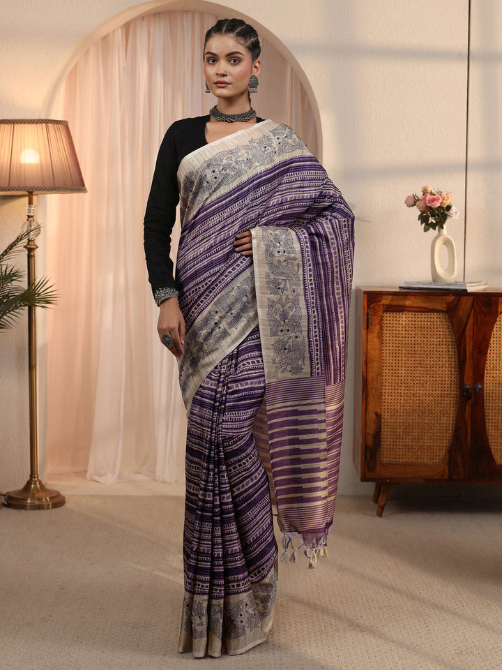 Libas Purple Striped Printed Silk Blend Tassel Saree with Madhubani Border